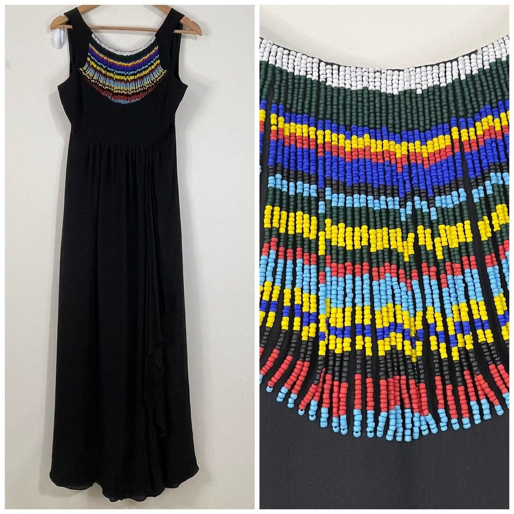 Tibi Silk Beaded Neckline Maxi Dress Size 4 Black Chiffon Ruffle - Picture 1 of 14